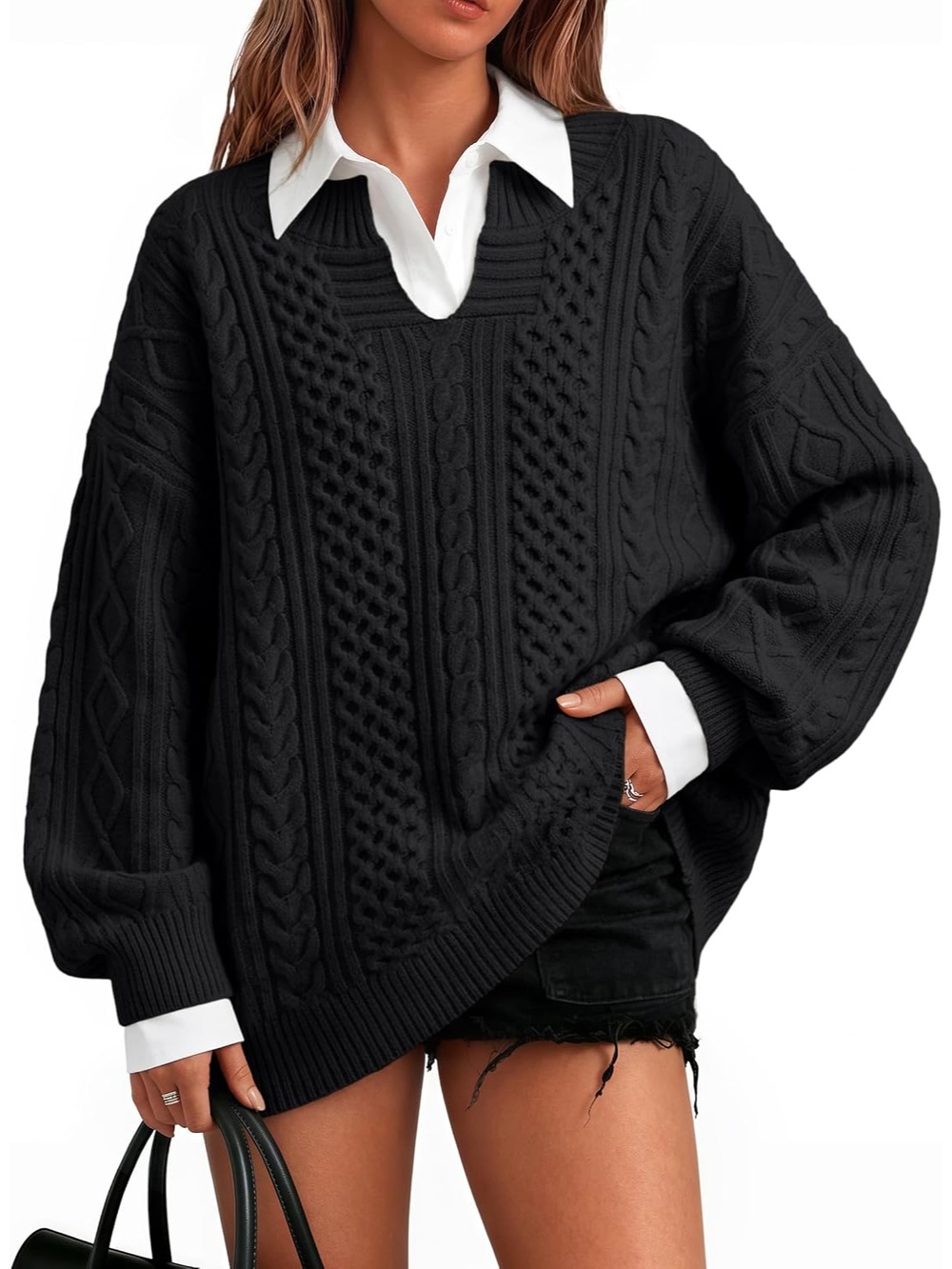 🆕 Womens Black Cable Knit Oversized Sweater V Neck Long Sleeve Pullover Top